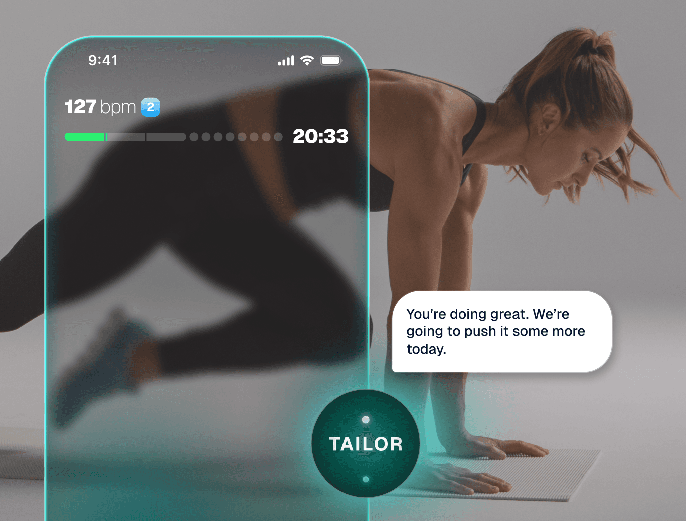 iFIT Personal Trainer app screen showing a 135 BPM heart rate reading with a Tailor coaching message during a workout