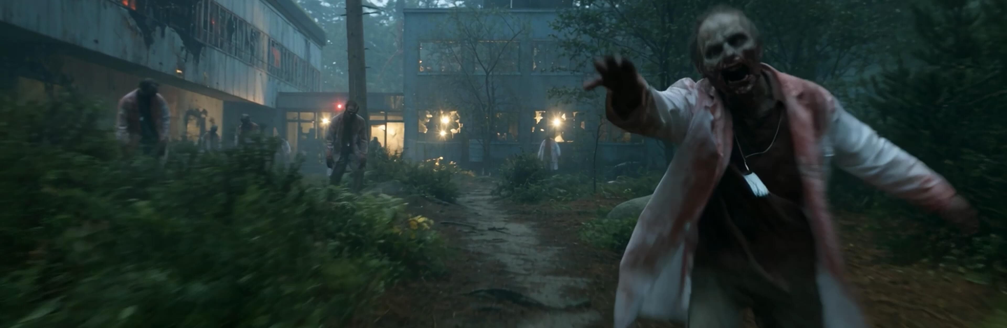 A zombie in a bloodied lab coat lunges toward the camera outside an abandoned building in iFIT’s AI Zombie Outbreak: Outrun the Dead Halloween workout for treadmill and bike.