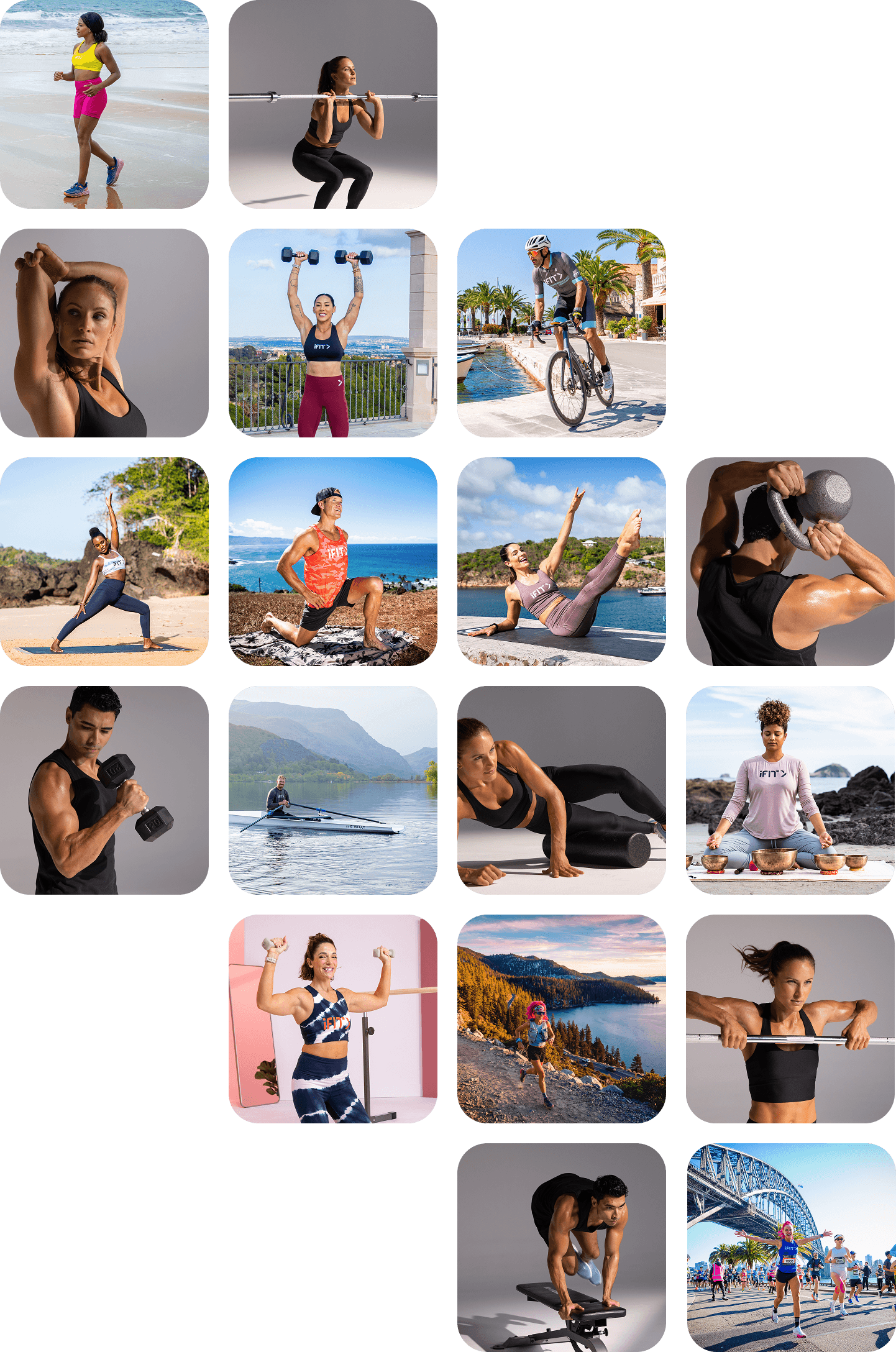Collage of iFIT Personal Trainer app users training in different locations and formats, including running, cycling, yoga, rowing, and snow skiing