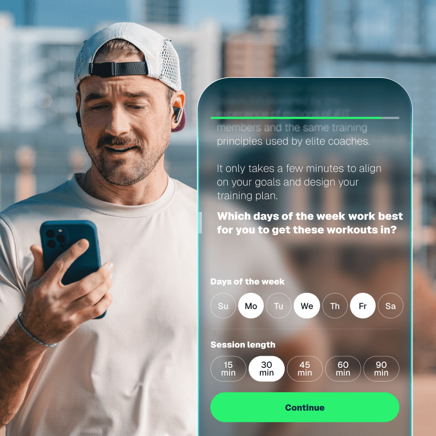 Man checking his phone outdoors in a city while Tailor, the iFIT Personal Trainer app's AI coach, introduces itself and asks about his training goals