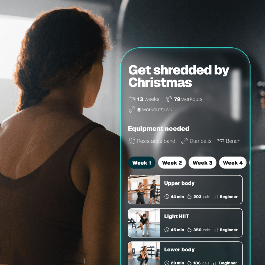 Woman viewed from behind next to an iFIT Personal Trainer app screen showing a 12-week personalized fitness plan